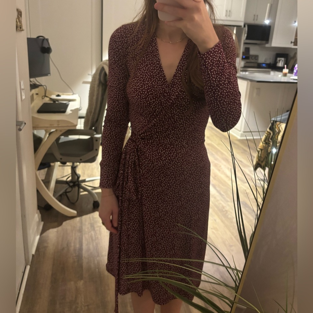 Banana Republic Burgundy Long-Sleeve Wrap Dress with White Dot Print